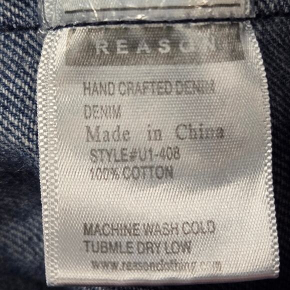 REASON Jean Jacket Mens Small Blue Hand Crafted Denim Button Up Cotton Pockets - Picture 3 of 14